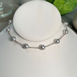 Talbots Grey Pearl Station Necklace on silver tone chain, 16”.